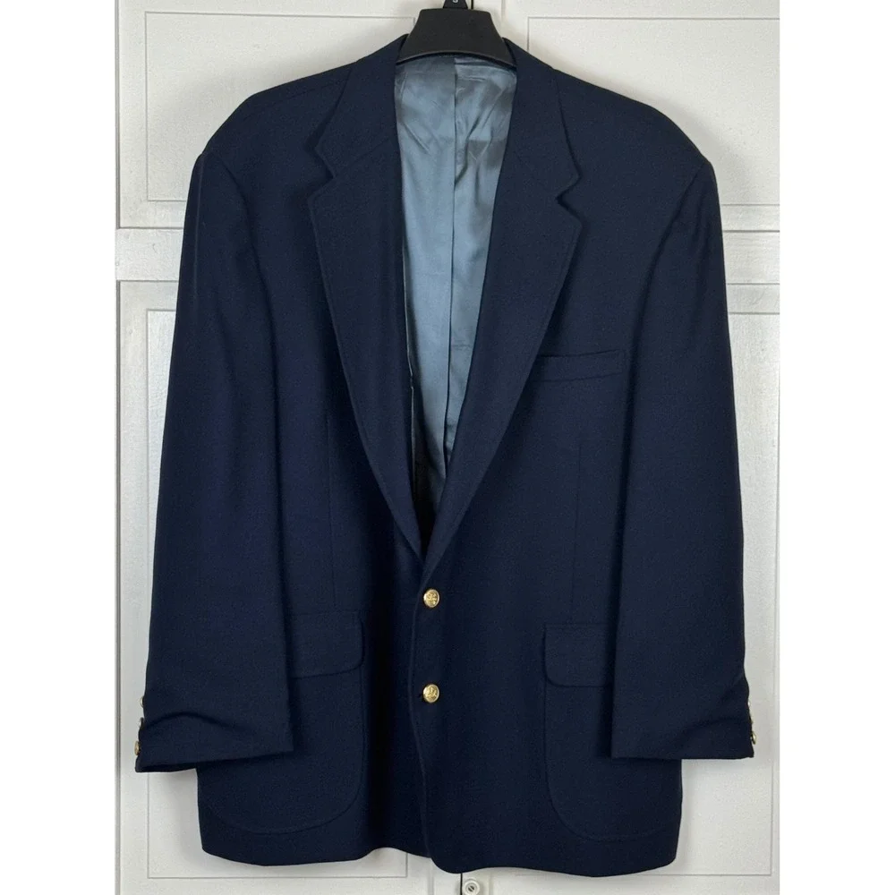 Stafford Mens Blazer 50R Wool Blend Navy Blue Gold Button Classic Professional